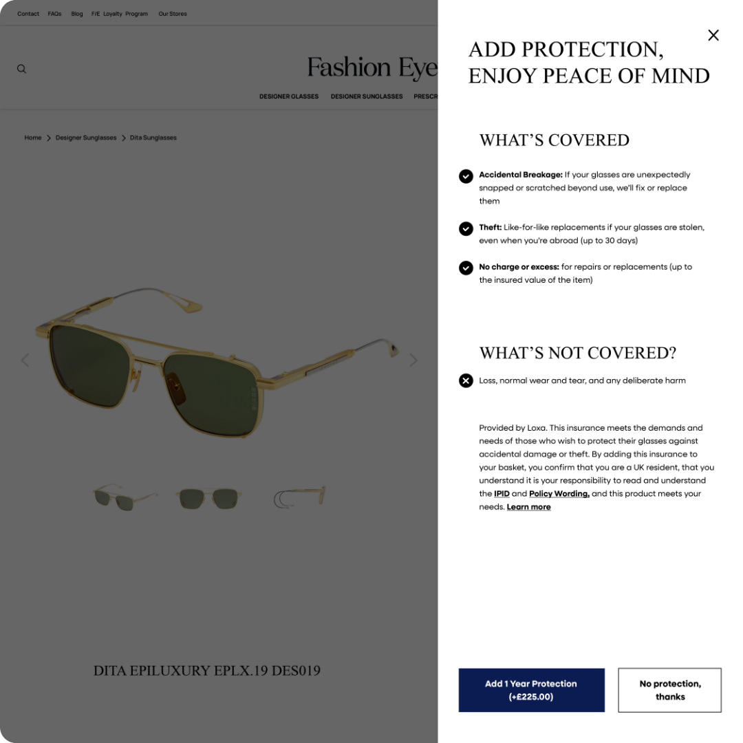 Loxa protection embedded in the Fashion Eyewear product page